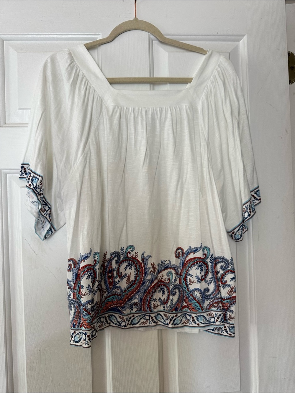 J. Jill White Square-Neck Tunic with Blue and Rust Paisley Border - Picture 4 of 6